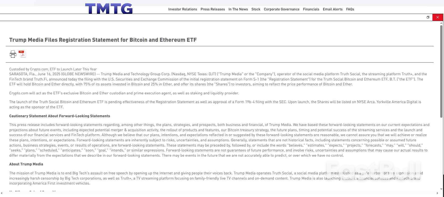 川普媒體集團計畫推出第二支加密ETF,同時投資比特幣與以太幣_1 川普媒體集團計畫推出第二支加密ETF,同時投資比特幣與以太幣_1