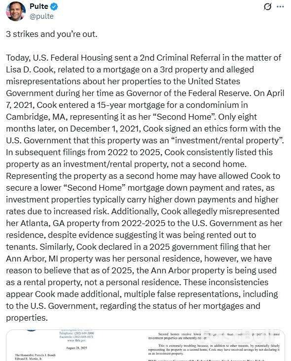 特朗普对美联储施压升级:FHFA局长就库克第三笔房贷提起刑事移送_1 特朗普对美联储施压升级:FHFA局长就库克第三笔房贷提起刑事移送_1