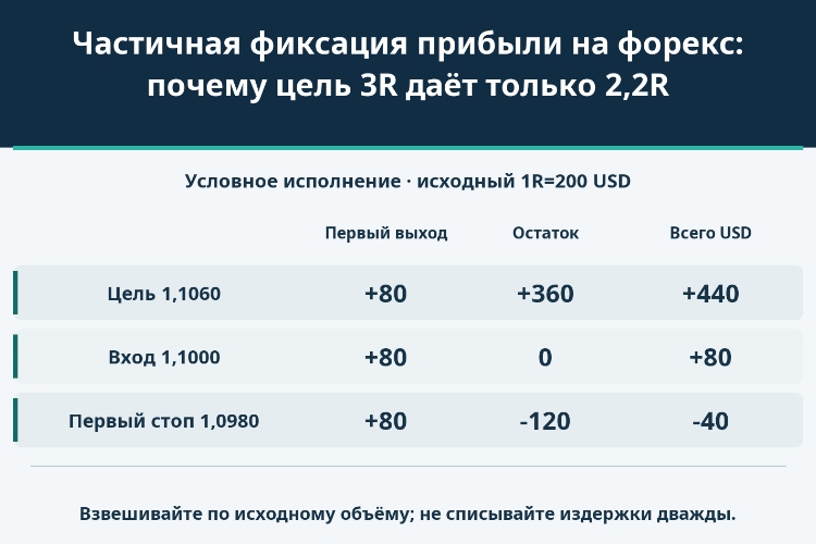 Частичная фиксация прибыли на форекс: почему цель 3R даёт только 2,2R_1