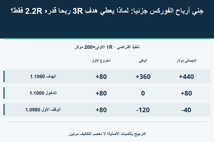 جني أرباح الفوركس جزئياً: لماذا يعطي هدف 3R ربحاً قدره 2.2R فقط؟_1